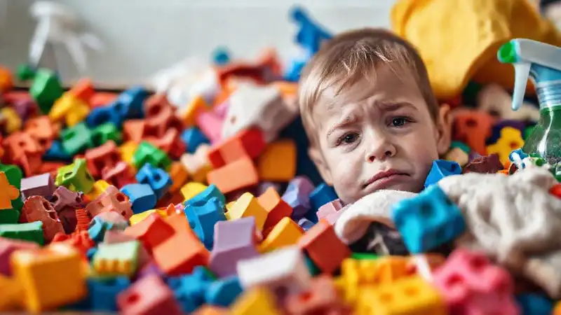 Un niño triste limpia su caja de juguetes