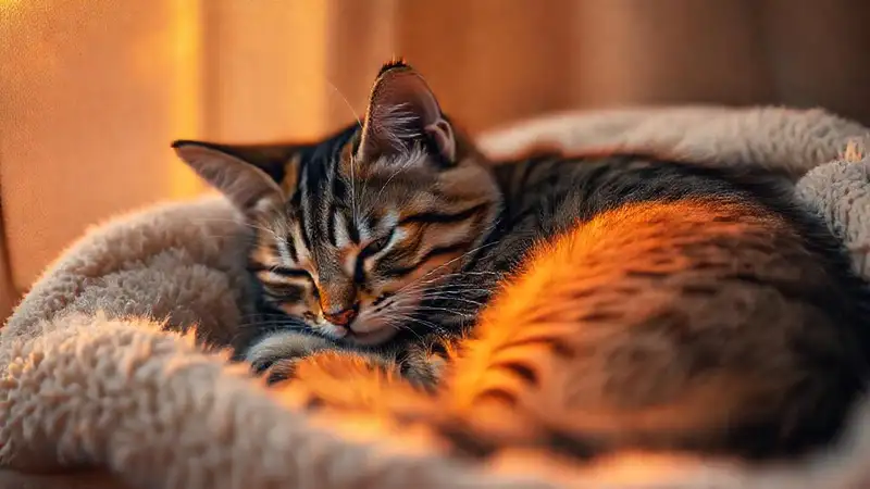 Gato atigrado, abrazo cálido y sereno