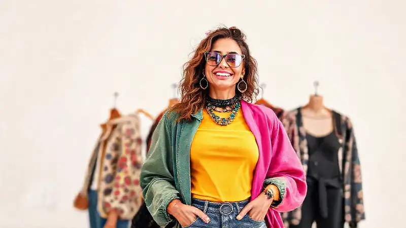 Mujer elegante y feliz en estudio